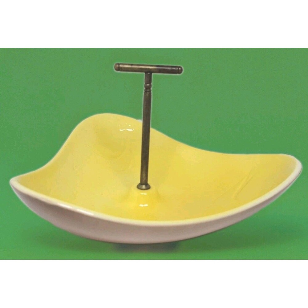 Vintage USA Ceramic Yellow & Pink 3 Lobed Nut Dish & Brass Handle MCM Chickens